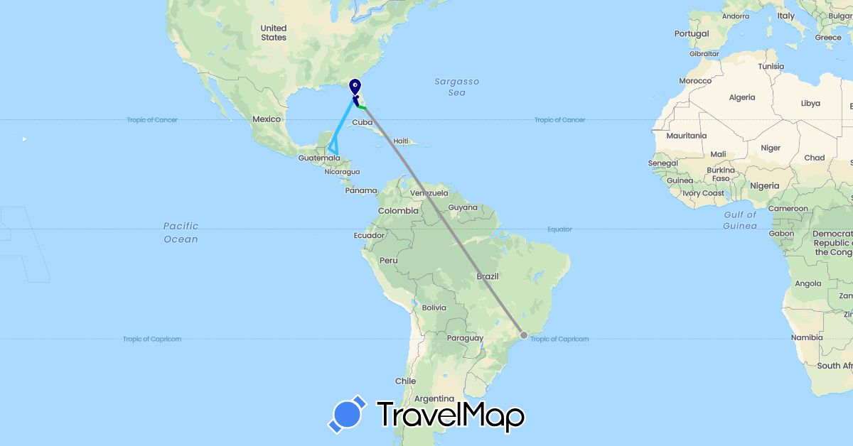 TravelMap itinerary: driving, bus, plane, boat in Brazil, Belize, Honduras, Mexico, United States (North America, South America)